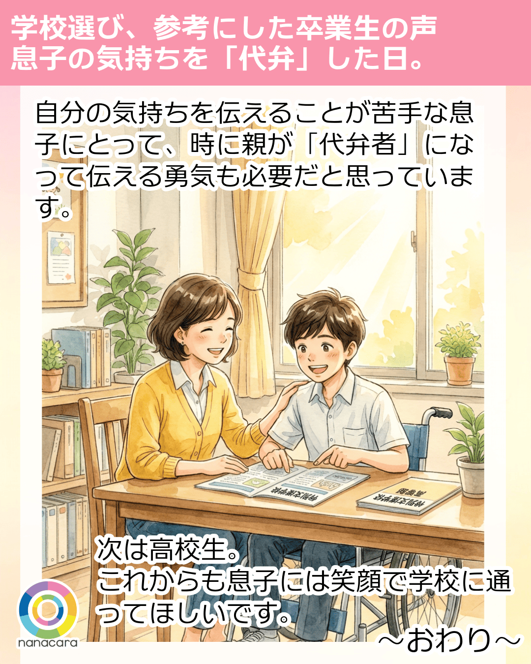 自分の気持ちを伝えることが苦手な息子にとって、時に親が「代弁者」になって伝える勇気も必要だと思っています。次は高校生。これからも息子には笑顔で学校に通ってほしいです。 ～おわり～
