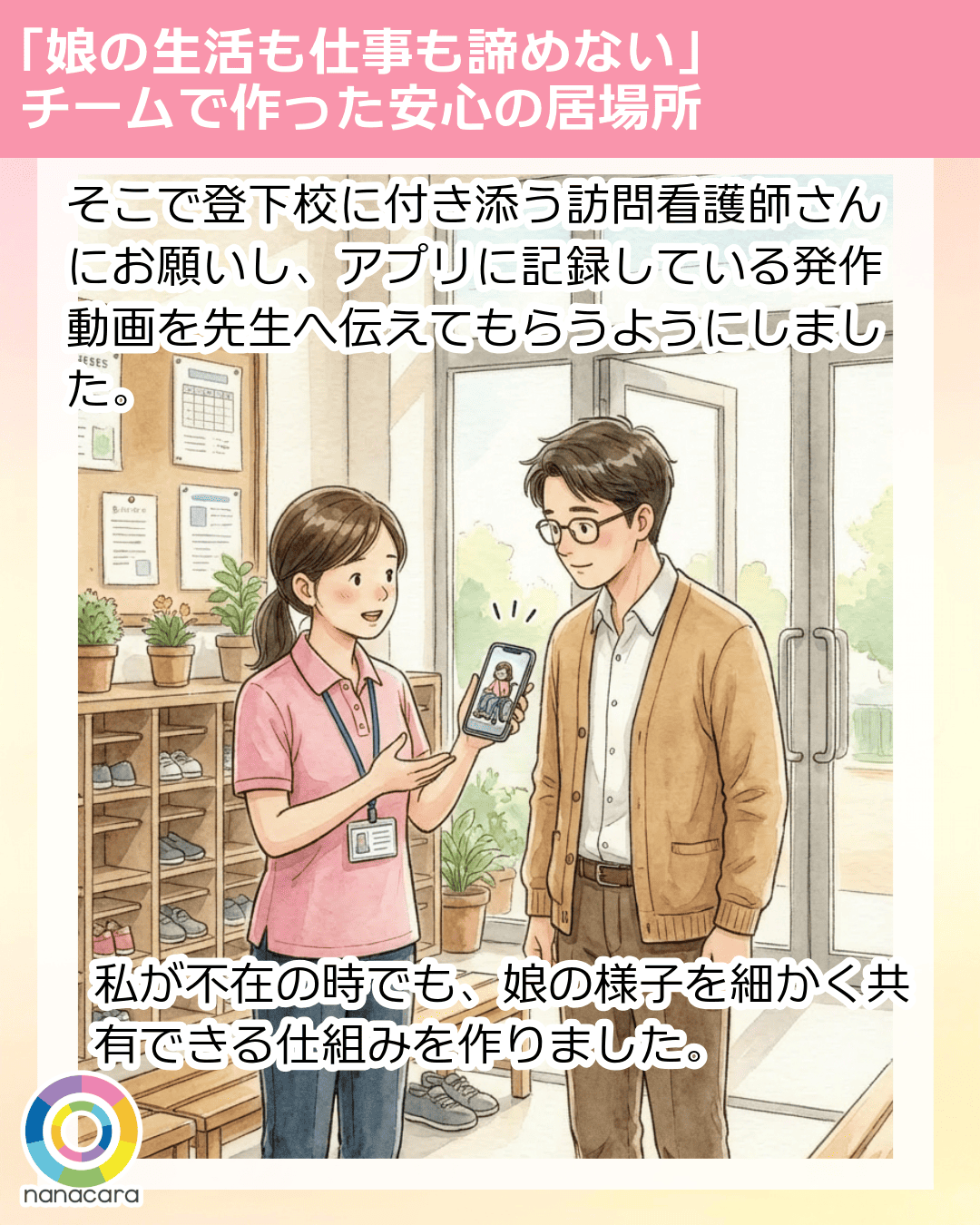 そこで登下校に付き添う訪問看護師さんにお願いし、アプリに記録している発作動画を先生へ伝えてもらうようにしました。私が不在の時でも、娘の様子を細かく共有できる仕組みを作りました。