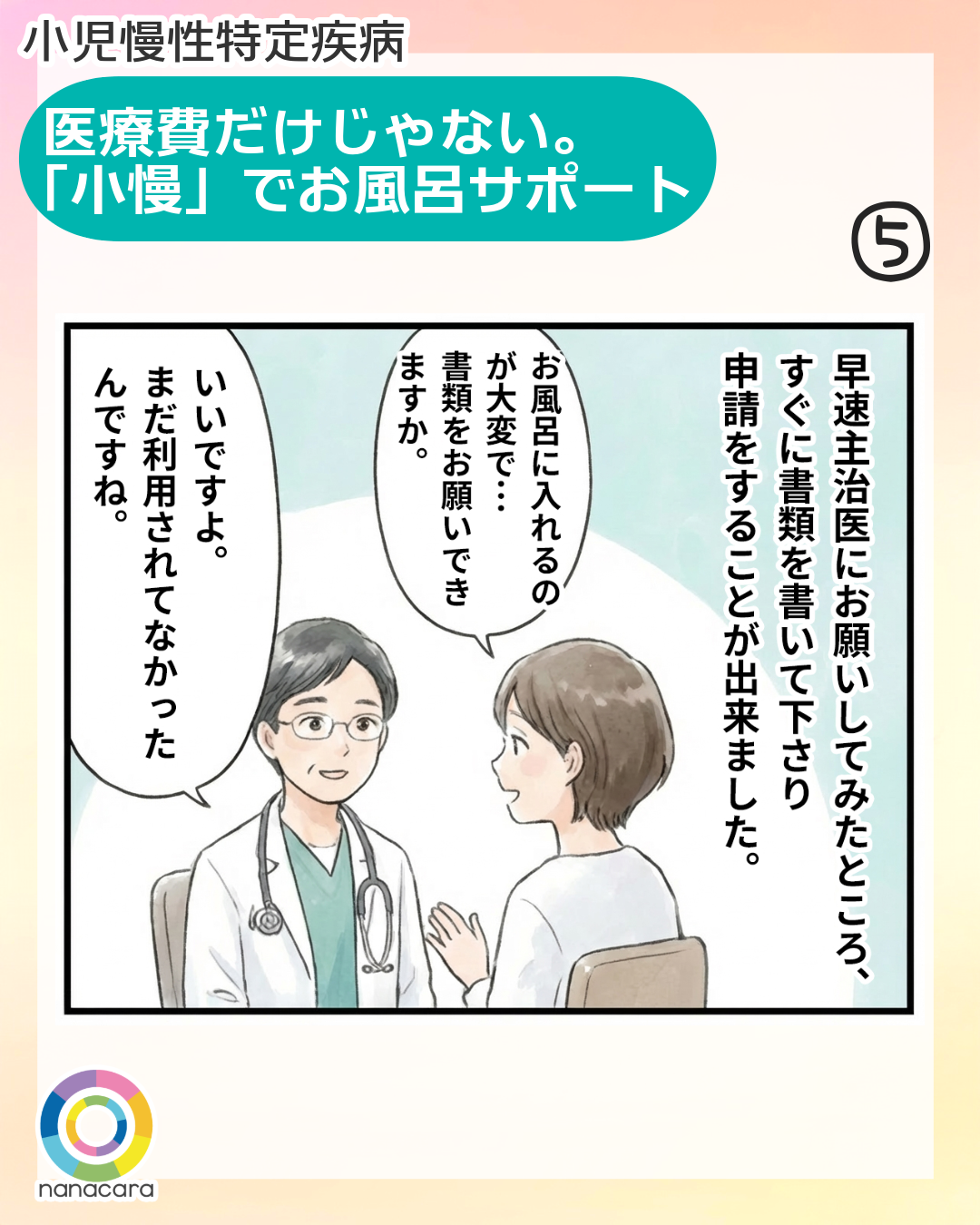 小児慢性特定疾病 医療費だけじゃない。「小慢」でお風呂サポート (5)早速主治医にお願いしてみたところ、すぐに書類を書いて下さり申請をすることが出来ました。お風呂に入れるのが大変で・・・書類をお願いできますか。いいですよ。まだ利用されてなかったんですね。 制度に関するみんなの工夫
