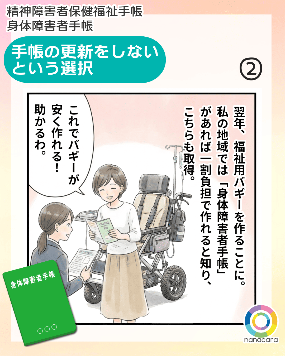 精神障害者保健福祉手帳 身体障害者手帳 手帳の更新をしないという選択　翌年、福祉用バギーを作ることに。私の地域では「身体障害者手帳」があれば一割負担で作れると知り、こちらも取得。