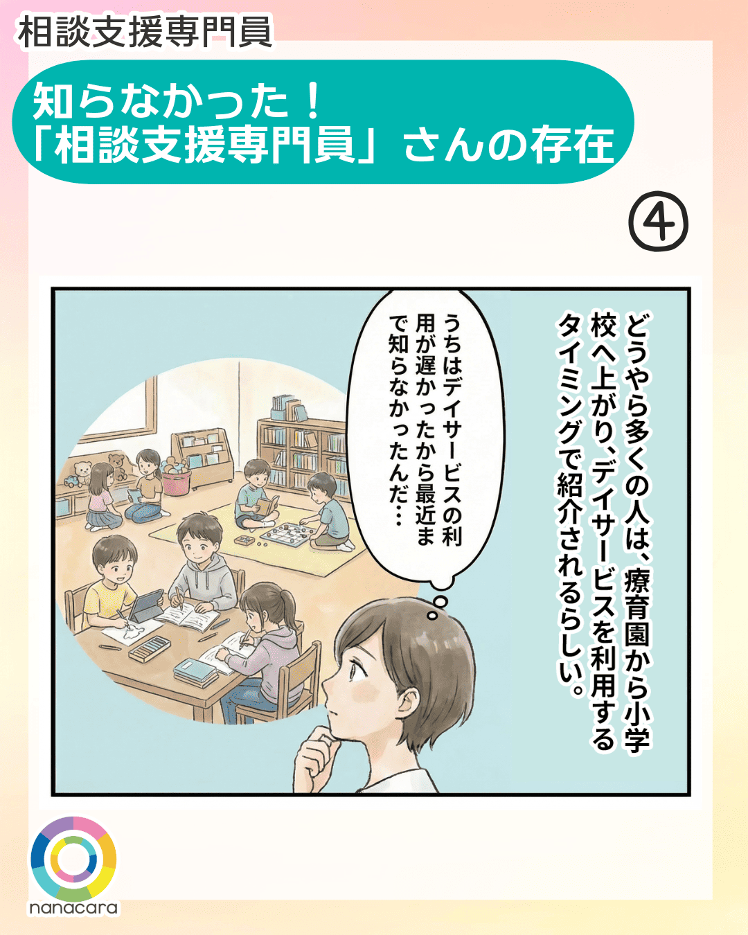 相談支援専門員 知らなかった！
「相談支援専門員」さんの存在 どうやら多くの人は、療育園から小学校へ上がり、デイサービスを利用するタイミングで紹介されるらしい。