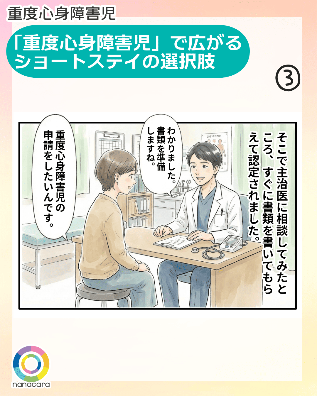 重度心身障害児 「重度心身障害児」で広がるショートステイの選択肢 そこで主治医に相談してみたところ、すぐに書類を書いてもらえて認定されました。