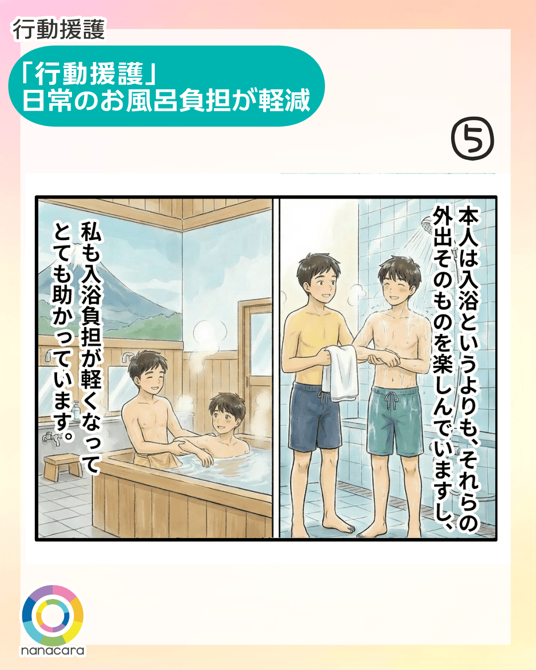 行動援護 「行動援護」日常のお風呂負担が軽減 本人は入浴というよりも、それらの外出そのものを楽しんでいますし、私も入浴負担が軽くなってとても助かっています。