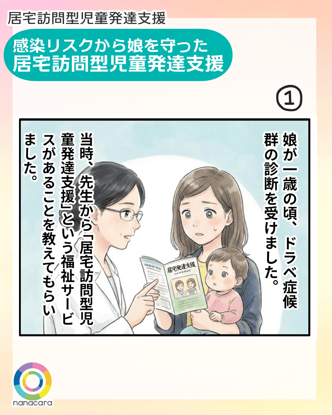 居宅訪問型児童発達支援 感染リスクから娘を守った 居宅訪問型児童発達支援 娘が一歳の頃、ドラべ症候群の診断を受けました。当時、先生から「居宅訪問型児童発達支援」という福祉サービスがあることを教えてもらいました。