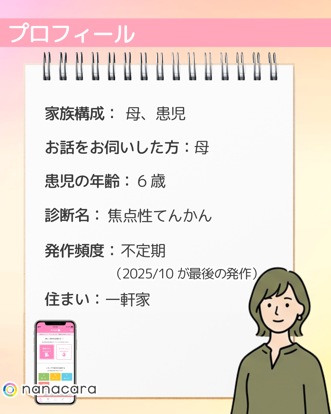 プロフィール 家族構成：母、患児 お話をお伺いした方：母 患児の年齢：6歳 診断名：焦点性てんかん 発作頻度：不定期（2025/10が​最後の​発作） ​住まい：一軒家