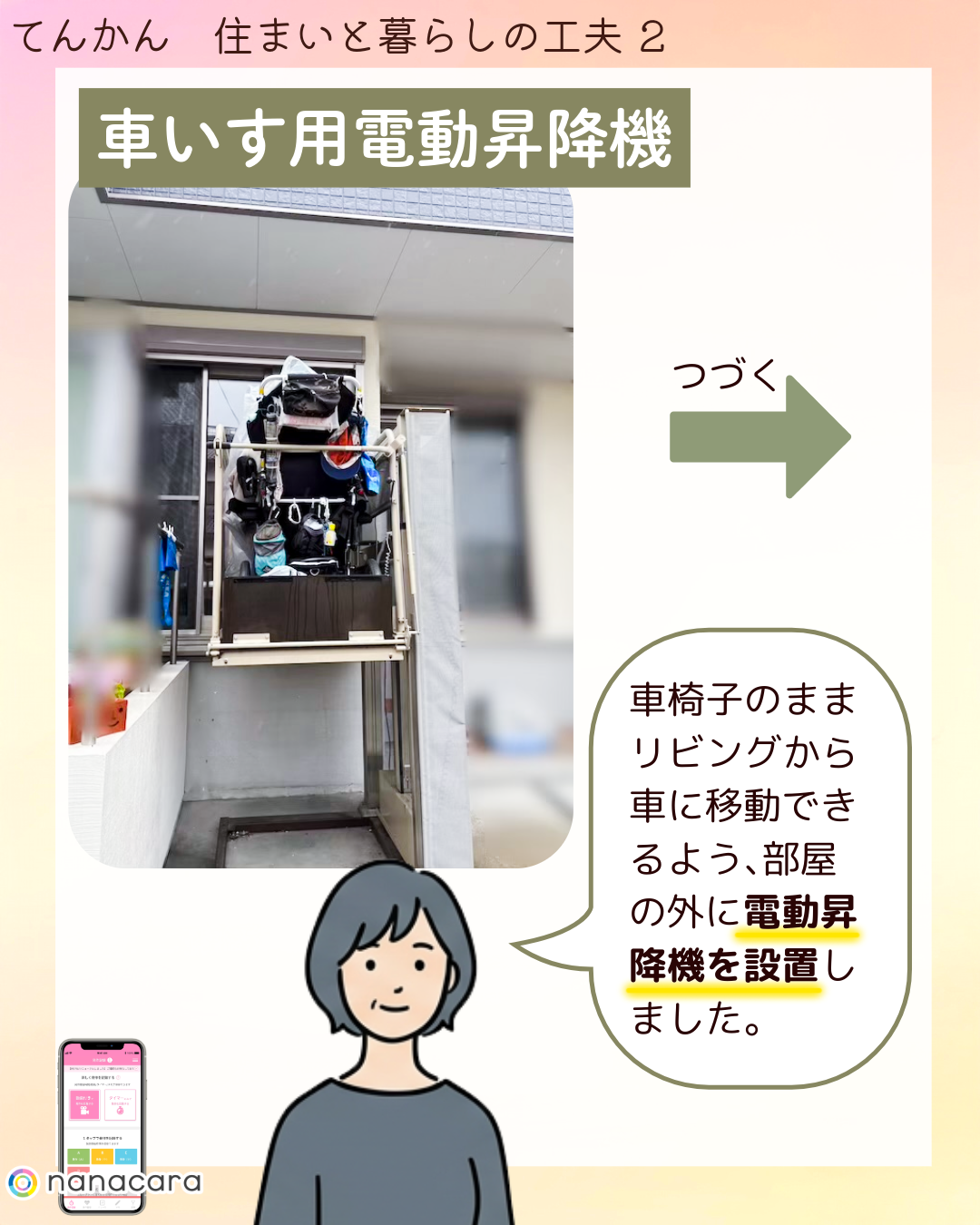 車いす用電動昇降機 車椅子のまま​リビングから​車に​移動できるよう、​部屋の​外に​電動昇降機を​設置しました。​​