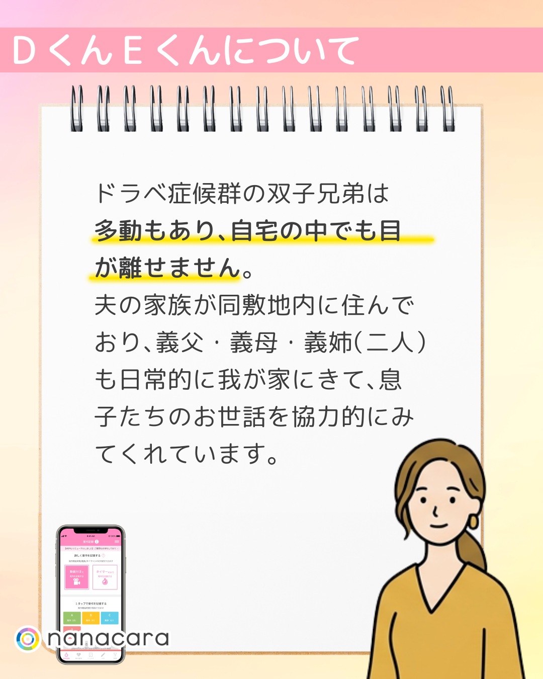 DくんEくんについて ドラベ症候群の​双子兄弟は​多動も​あり、​自宅の​中でも​目が​離せません。​夫の​家族が​同敷地内に​住んで​おり、​義父・義母・義姉​（二人）も​日常的に​我が​家に​きて、​息子たちの​お世話を​協力的に​みてくれています。​​