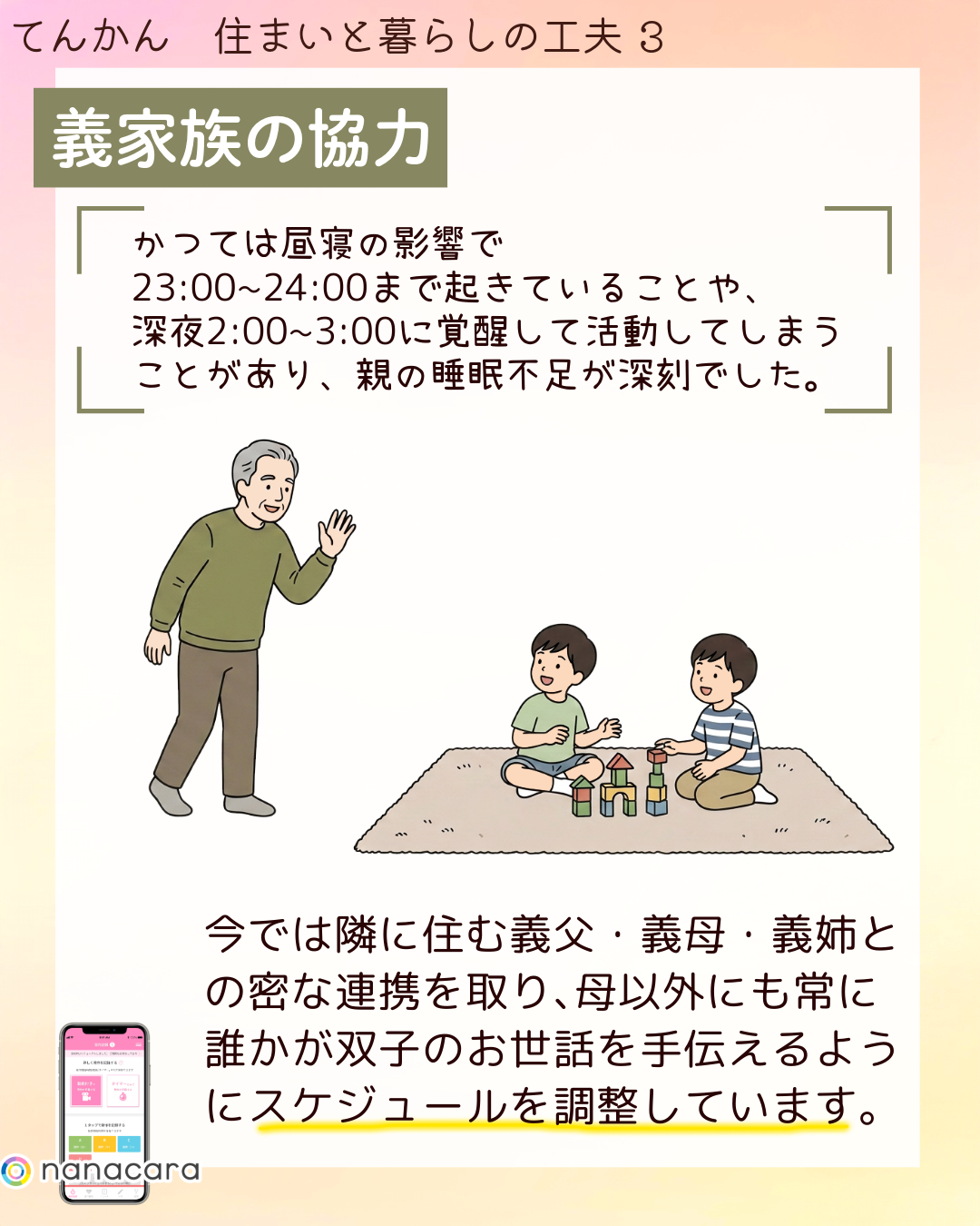義家族の​協力 かつては​昼寝の​影響で​23:00~24:00まで​起きている​ことや、​深夜2:00~3:00に​覚醒して​活動してしまうことが​あり、​親の​睡眠不足が​深刻でした​。​今では​隣に​住む義父・義母・義姉との​密な​連携を​取り、​母以外にも​常に​誰かが​双子の​お世話を​手伝えるように​スケジュールを​調整しています。​