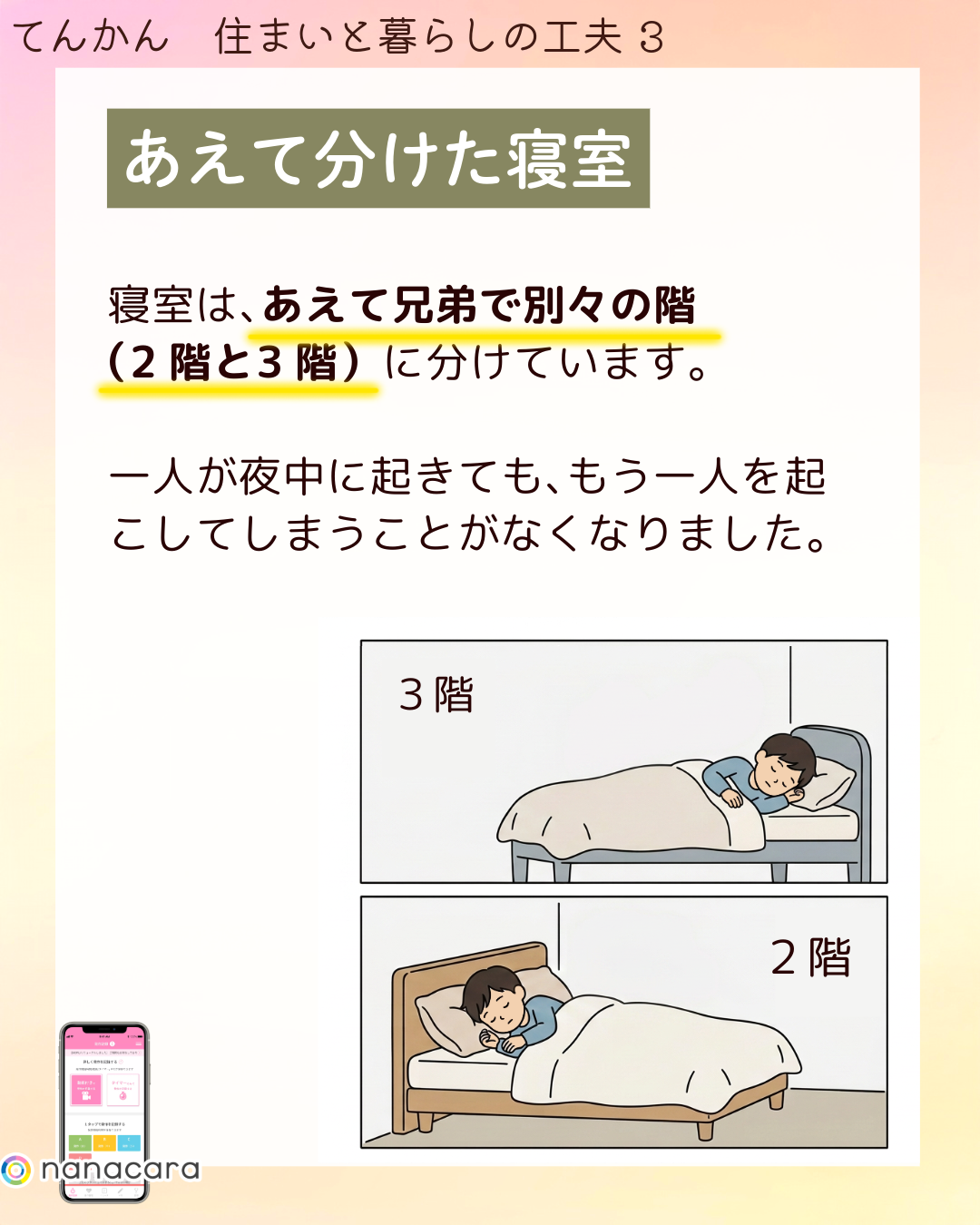 あえて​分けた​寝室 寝室は、​あえて​兄弟で​別々の​階​（2階と​3階）に分けています。​一人が​夜中に​起きても、​もう​一人を​起こしてしまうことがなくなりました。​
