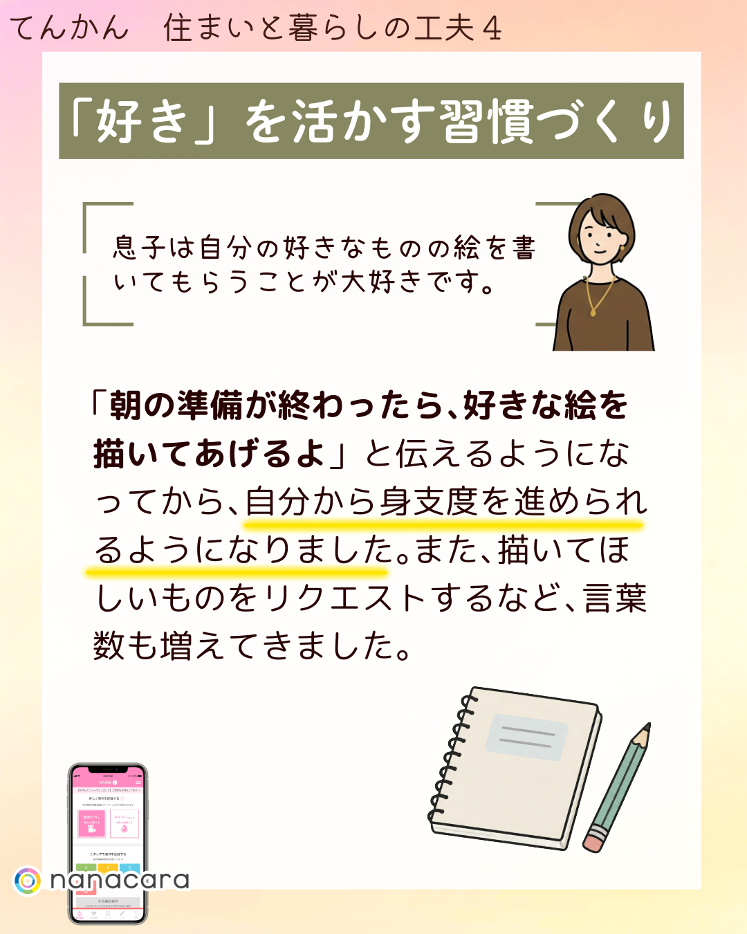 ​「好き」を​活かす習慣づくり 息子は​自分の​好きな​ものの​絵を​書いて​もらうことが​大好きです。「朝の​準備が​終わったら、​好きな​絵を​描いてあげるよ」と​伝えるようになってから、​自分から​身支度を​進められるようになりました。​また、​描いて​ほしい​ものを​リクエストするなど、​言葉数も​増えてきました。