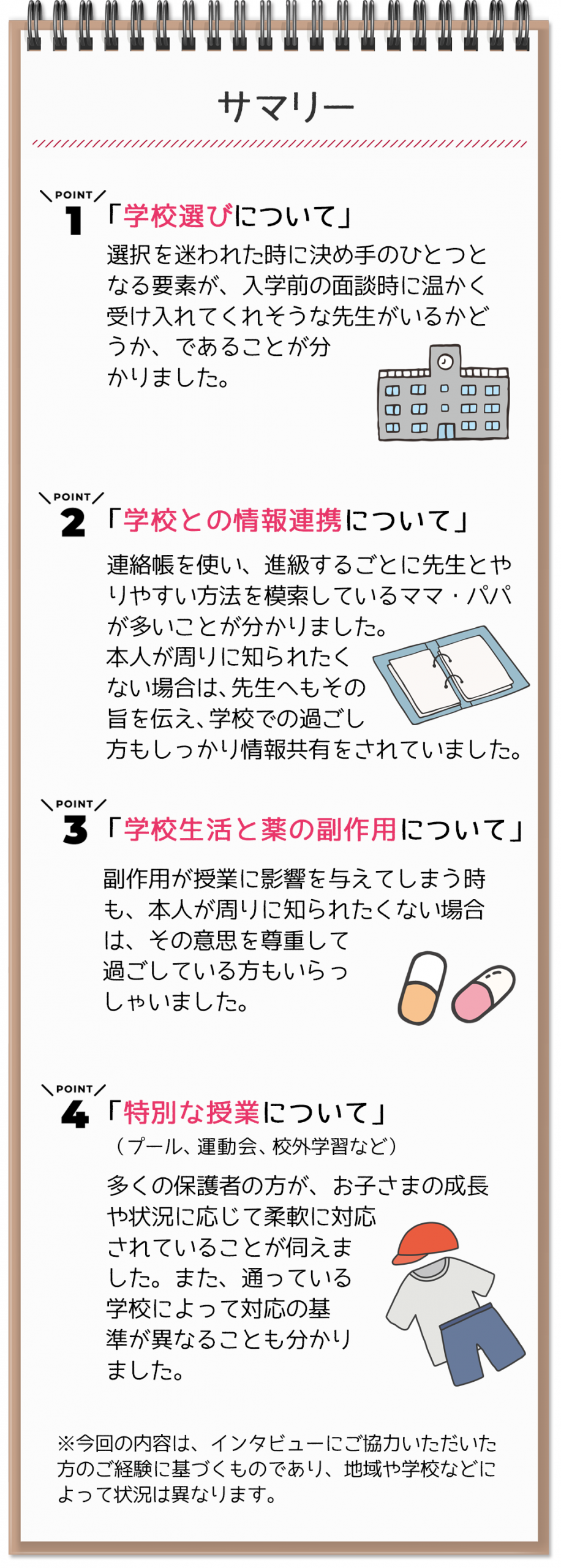 「学校選びについて」選択を迷われた時に決め手のひとつとなる要素が、入学前の面談時に温かく受け入れてくれそうな先生がいるかどうか、であることが分かりました。「学校との情報連携について」連絡帳を使い、進級するごとに先生とやりやすい方法を模索しているパパ・ママが多いことが分かりました。本人が周りに知られたくない場合は、先生へもその旨を伝え、学校での過ごし方もしっかり情報共有をされていました。「学校生活と薬の副作用について」副作用が授業に影響を与えてしまう時も、本人が周りに知られたくない場合は、その意思を尊重して過ごしている方もいらっしゃいました。「特別な授業について」（プール、運動会、校外学習など）多くの保護者の方が、お子さまの成長や状況に応じて柔軟に対応されていることが伺えました。また、通っている学校によって対応の基準が異なることも分かりました。※今回の内容は、インタビューにご協力いただいた方のご経験に基づくものであり、地域や学校などによって状況は異なります。