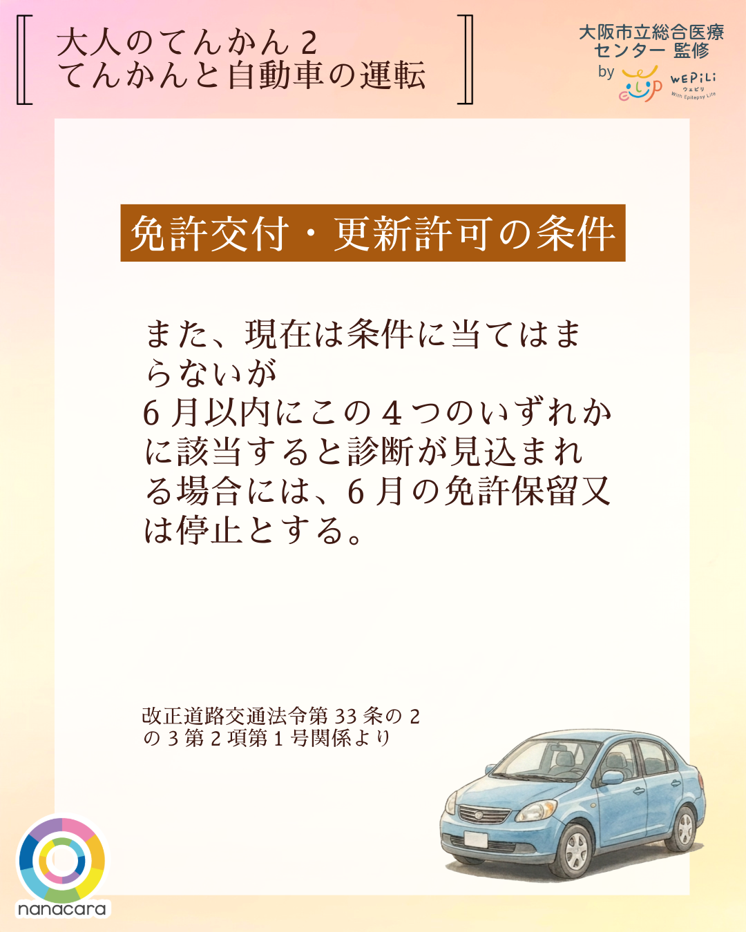 大人のてんかん2てんかんと自動車 免許交付・更新許可の条件 また、現在は条件に当てはまらないが6月以内にこの４つのいずれかに該当すると診断が見込まれる場合には、6月の免許保留又は停止とする。 改正道路交通法令第33条の2の3第2項第１号関係より