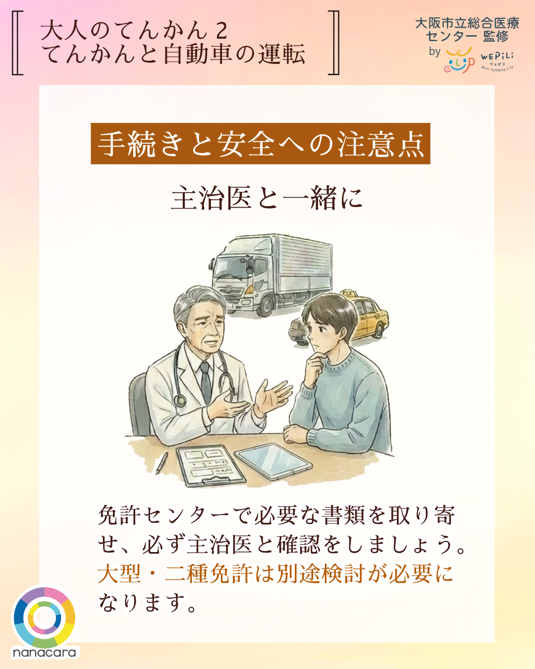 大人のてんかん2てんかんと自動車 手続きと安全への注意点 主治医と一緒に 免許センターで必要な書類を取り寄せ、必ず主治医と確認をしましょう。大型・二種免許は別途検討が必要になります。