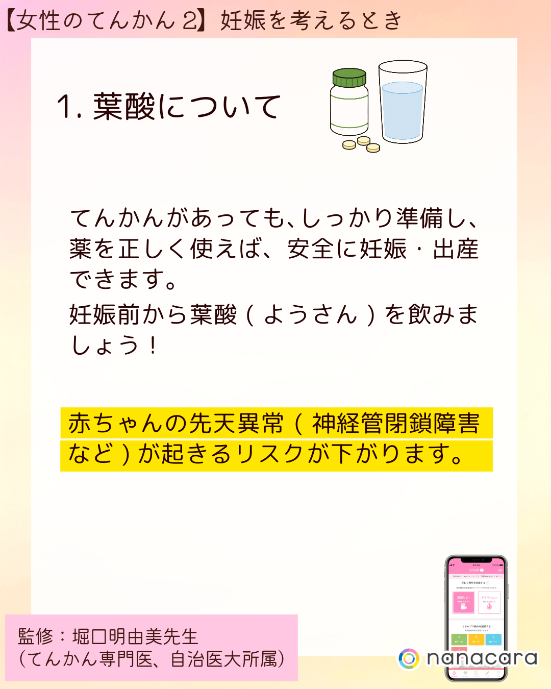 ⁨1.葉酸について てんかんがあっても、しっかり準備し、薬を正しく使えば、安全に妊娠・出産できます。妊娠前から葉酸(ようさん)を飲みましょう！赤ちゃんの先天異常(神経管閉鎖障害など)が起きるリスクが下がります。