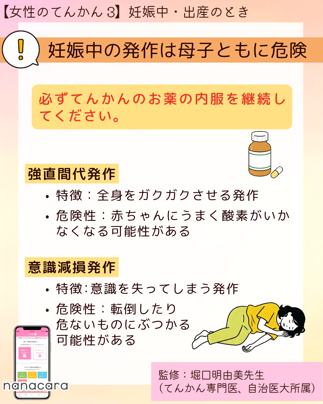 ⁨妊娠中の発作は母子ともに危険 必ずてんかんのお薬の内服を継続してください。強直間代発作 ・特徴：全身をガクガクさせる発作・危険性：赤ちゃんにうまく酸素がいかなくなる可能性がある　意識減損発作　・特徴：意識を失ってしまう発作・危険性：転倒したり危ないものにぶつかる可能性がある