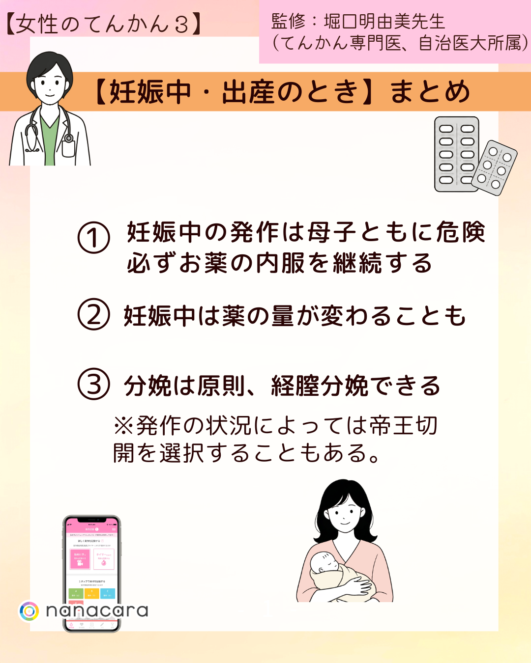 【妊娠中・出産のとき】まとめ　①妊娠中の発作は母子ともに危険必ずお薬の内服を継続する　②妊娠中は薬の量が変わることも　③分娩は原則、経膣分娩できる　※発作の状況によっては帝王切開を選択することもある。